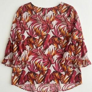 Jessica London Burgundy and Gold Tropical Ruffle Sleeve Blouse